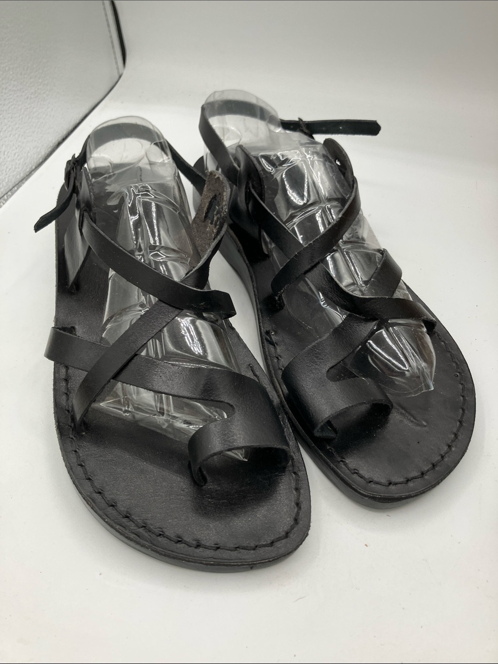 Men’s Holy Land market camel Black Leather Strappy Slide Sandals size 45
